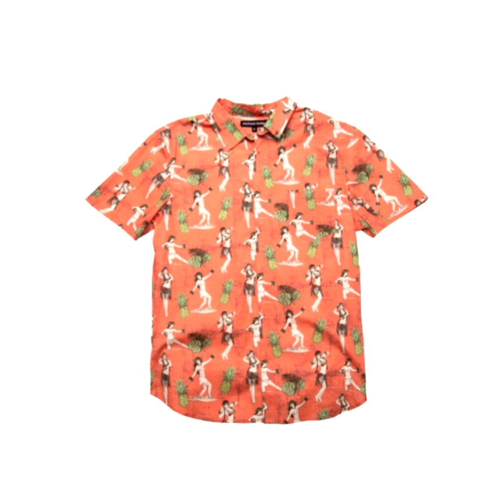 Psycho Tuna Hawaiian Shirt Large Orange Peach Hula Girls